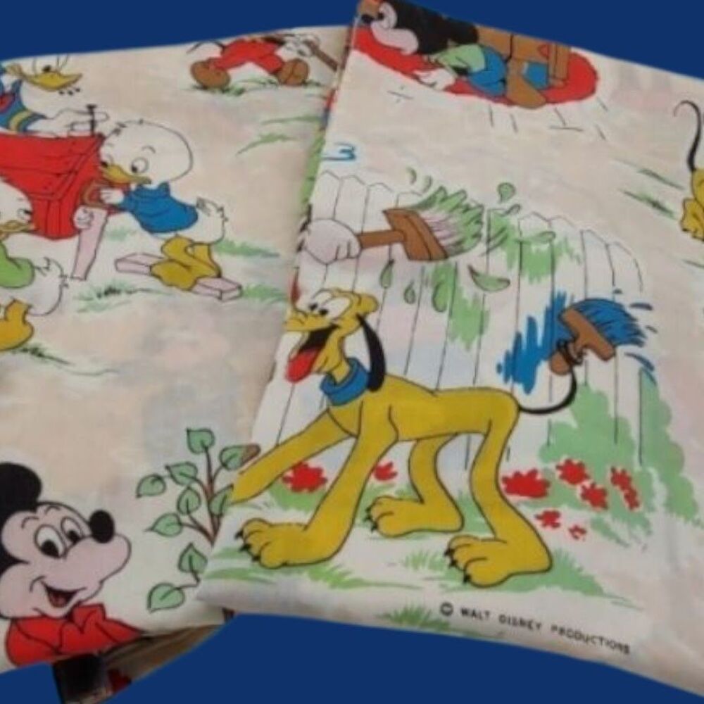 Two Vintage Walt Disney Finished Curtain Panels Baby Mickey Friends Doing Chores